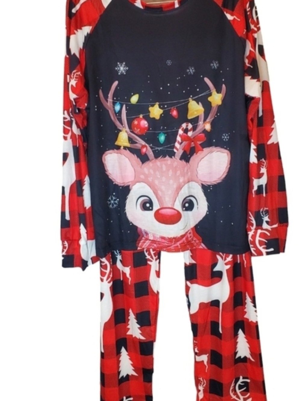 Women's Red Plaid Reindeer Christmas Pajama Set Size 1X